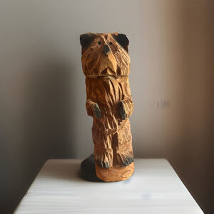 Folk Art Bear Figure Hand Carved Wood Cedar Fence Post 10” Standing Sad Bear